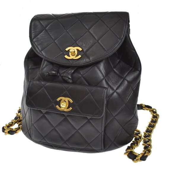 CHANEL CC Logo Matelasse Chain Backpack Bag Leather Black GHW Vintageg 320RL321 - Picture 1 of 16